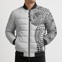 Hawaiian Traditional Tattoos Bomber Puffer Jacket Kakau Tribal Tropical Plant Motif White Color LT03 - Polynesian Pride
