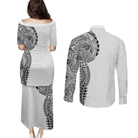 Hawaiian Traditional Tattoos Couples Matching Puletasi and Long Sleeve Button Shirt Kakau Tribal Tropical Plant Motif White Color LT03 - Polynesian Pride