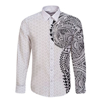 Hawaiian Traditional Tattoos Long Sleeve Button Shirt Kakau Tribal Tropical Plant Motif White Color