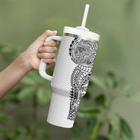 Hawaiian Traditional Tattoos Tumbler With Handle Kakau Tribal Tropical Plant Motif White Color LT03 - Polynesian Pride