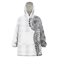 Hawaiian Traditional Tattoos Wearable Blanket Hoodie Kakau Tribal Tropical Plant Motif White Color