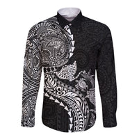 Hawaiian Kakau Tribal Sea Animals Tattoos Long Sleeve Button Shirt Black Color