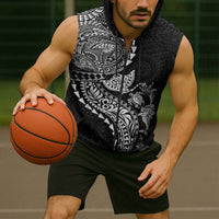 Hawaiian Kakau Tribal Sea Animals Tattoos Sleeveless Zip Hoodie Black Color