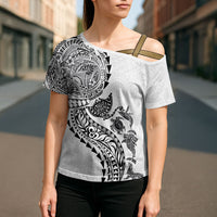 Hawaiian Kakau Tribal Sea Animals Tattoos Cross Shoulder Shirt White Color