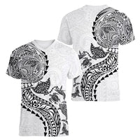Hawaiian Kakau Tribal Sea Animals Tattoos Women V-Neck T-Shirt White Color LT03 - Polynesian Pride