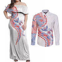 Hawaiian Kakau Tribal Sea Animals Tattoos Couples Matching Off Shoulder Maxi Dress and Long Sleeve Button Shirt Hawaii Flag Color Inspired LT03 Multicolor - Polynesian Pride