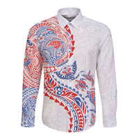 Hawaiian Kakau Tribal Sea Animals Tattoos Long Sleeve Button Shirt Hawaii Flag Color Inspired