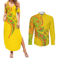 Hawaiian Kakau Tribal Sea Animals Tattoos Couples Matching Summer Maxi Dress and Long Sleeve Button Shirt Kanaka Maoli Flag Color Inspired