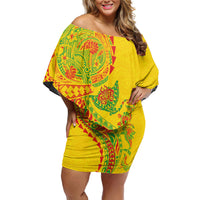 Hawaiian Kakau Tribal Sea Animals Tattoos Off Shoulder Short Dress Kanaka Maoli Flag Color Inspired LT03 Women Multicolor - Polynesian Pride