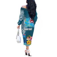 Personalised Tuvalu Independence Day Off The Shoulder Long Sleeve Dress Tuvaluan Tribal Flag Style
