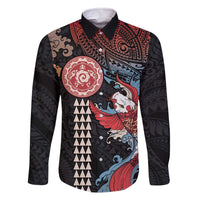 Hawaii and Japanese Together Family Matching Off The Shoulder Long Sleeve Dress and Hawaiian Shirt Koi Fish and Kakau Pattern