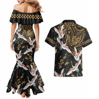 Hawaii and Japanese Together Couples Matching Mermaid Dress and Hawaiian Shirt Cranes Birds with Kakau Pattern