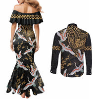 Hawaii and Japanese Together Couples Matching Mermaid Dress and Long Sleeve Button Shirt Cranes Birds with Kakau Pattern