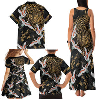 Hawaii and Japanese Together Family Matching Tank Maxi Dress and Hawaiian Shirt Cranes Birds with Kakau Pattern