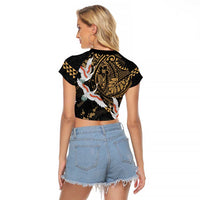 Hawaii and Japanese Together Raglan Cropped T Shirt Cranes Birds with Kakau Pattern