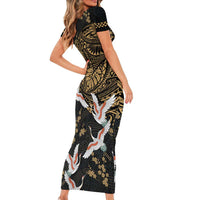 Hawaii and Japanese Together Short Sleeve Bodycon Dress Cranes Birds with Kakau Pattern LT03