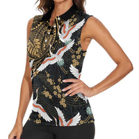 Hawaii and Japanese Together Women Sleeveless Polo Shirt Cranes Birds with Kakau Pattern