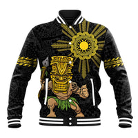 Hawaii and Philippines Together Baseball Jacket Warrior Tiki Mask and Filipino Sun Polynesian Style