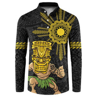 Hawaii and Philippines Together Button Sweatshirt Warrior Tiki Mask and Filipino Sun Polynesian Style
