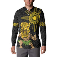 Hawaii and Philippines Together Button Sweatshirt Warrior Tiki Mask and Filipino Sun Polynesian Style