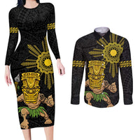 Hawaii and Philippines Together Couples Matching Long Sleeve Bodycon Dress and Long Sleeve Button Shirt Warrior Tiki Mask and Filipino Sun Polynesian Style