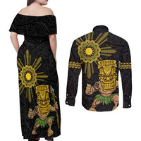 Hawaii and Philippines Together Couples Matching Off Shoulder Maxi Dress and Long Sleeve Button Shirt Warrior Tiki Mask and Filipino Sun Polynesian Style