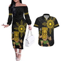 Hawaii and Philippines Together Couples Matching Off The Shoulder Long Sleeve Dress and Hawaiian Shirt Warrior Tiki Mask and Filipino Sun Polynesian Style