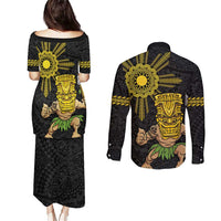 Hawaii and Philippines Together Couples Matching Puletasi and Long Sleeve Button Shirt Warrior Tiki Mask and Filipino Sun Polynesian Style