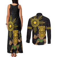 Hawaii and Philippines Together Couples Matching Tank Maxi Dress and Long Sleeve Button Shirt Warrior Tiki Mask and Filipino Sun Polynesian Style