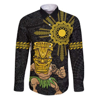 Hawaii and Philippines Together Family Matching Off The Shoulder Long Sleeve Dress and Hawaiian Shirt Warrior Tiki Mask and Filipino Sun Polynesian Style
