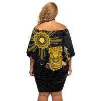 Hawaii and Philippines Together Family Matching Off Shoulder Short Dress and Hawaiian Shirt Warrior Tiki Mask and Filipino Sun Polynesian Style