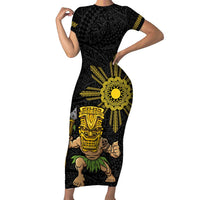 Hawaii and Philippines Together Family Matching Short Sleeve Bodycon Dress and Hawaiian Shirt Warrior Tiki Mask and Filipino Sun Polynesian Style