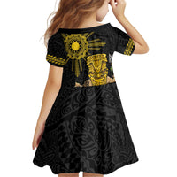 Hawaii and Philippines Together Kid Short Sleeve Dress Warrior Tiki Mask and Filipino Sun Polynesian Style