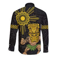 Hawaii and Philippines Together Long Sleeve Button Shirt Warrior Tiki Mask and Filipino Sun Polynesian Style
