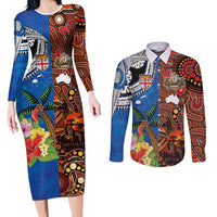Fiji and Australia Together Couples Matching Long Sleeve Bodycon Dress and Long Sleeve Button Shirt Fijian Tapa Plants with Kangaroo and Aboriginal - Polynesian Pride