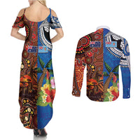 Fiji and Australia Together Couples Matching Summer Maxi Dress and Long Sleeve Button Shirt Fijian Tapa Plants with Kangaroo and Aboriginal - Polynesian Pride