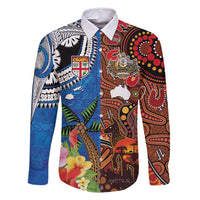 Fiji and Australia Together Family Matching Off Shoulder Short Dress and Hawaiian Shirt Fijian Tapa Plants with Kangaroo and Aboriginal - Polynesian Pride