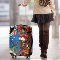 Fiji and Australia Together Luggage Cover Fijian Tapa Plants with Kangaroo and Aboriginal - Polynesian Pride
