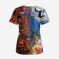 Fiji and Australia Together Scrub Top Fijian Tapa Plants with Kangaroo and Aboriginal - Polynesian Pride