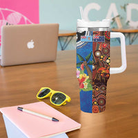 Fiji and Australia Together Tumbler With Handle Fijian Tapa Plants with Kangaroo and Aboriginal - Polynesian Pride