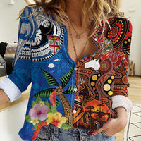Fiji and Australia Together Women Casual Shirt Fijian Tapa Plants with Kangaroo and Aboriginal LT03 Female Black - Polynesian Pride