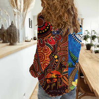 Fiji and Australia Together Women Casual Shirt Fijian Tapa Plants with Kangaroo and Aboriginal LT03 - Polynesian Pride