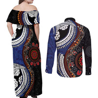Fiji and Australia Together Couples Matching Off Shoulder Maxi Dress and Long Sleeve Button Shirt Kangaroo Aboriginal with Tribal Tapa Hibiscus Half Style - Polynesian Pride