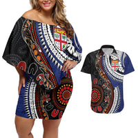 Fiji and Australia Together Couples Matching Off Shoulder Short Dress and Hawaiian Shirt Kangaroo Aboriginal with Tribal Tapa Hibiscus Half Style - Polynesian Pride