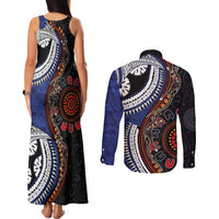 Fiji and Australia Together Couples Matching Tank Maxi Dress and Long Sleeve Button Shirt Kangaroo Aboriginal with Tribal Tapa Hibiscus Half Style - Polynesian Pride