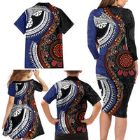Fiji and Australia Together Family Matching Long Sleeve Bodycon Dress and Hawaiian Shirt Kangaroo Aboriginal with Tribal Tapa Hibiscus Half Style - Polynesian Pride
