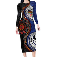 Fiji and Australia Together Family Matching Long Sleeve Bodycon Dress and Hawaiian Shirt Kangaroo Aboriginal with Tribal Tapa Hibiscus Half Style - Polynesian Pride