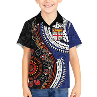 Fiji and Australia Together Family Matching Long Sleeve Bodycon Dress and Hawaiian Shirt Kangaroo Aboriginal with Tribal Tapa Hibiscus Half Style - Polynesian Pride