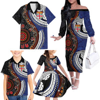 Fiji and Australia Together Family Matching Off The Shoulder Long Sleeve Dress and Hawaiian Shirt Kangaroo Aboriginal with Tribal Tapa Hibiscus Half Style - Polynesian Pride