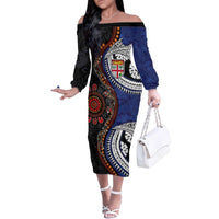 Fiji and Australia Together Family Matching Off The Shoulder Long Sleeve Dress and Hawaiian Shirt Kangaroo Aboriginal with Tribal Tapa Hibiscus Half Style - Polynesian Pride